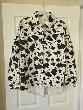 POL Oversized Cow Print Denim Shacket, S